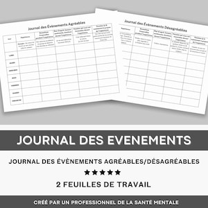May include: Black and white printable journal with the title "Journal des Évènements Agréables/Désagréables" and "2 Feuilles de Travail". The journal is designed to help track positive and negative events.