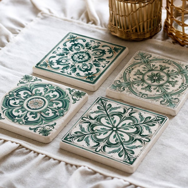 Green Vintage Tile Design Stone Coaster, Mexican Tile, Handmade Coasters, Vintage Decor, Home Gift, Talavera Decor, Boho Coaster Set