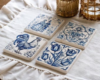 Posavasos de piedra de azulejos de cerámica blanca y azul de Delft, azulejos azul de Delft, azulejos de animales, decoración vintage, regalo para el hogar, imágenes prediseñadas de Delft azul, regalo para ella