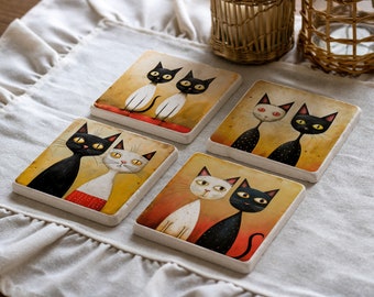 Cat Illustration Square Coasters, Drinks Coaster, Cat Drinks Coaster, Housewarming Gift, Wooden Coaster Set 4,Cat Mom Gift, Mothers Day Gift