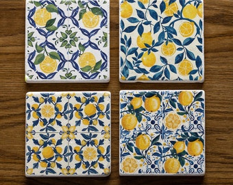 Sottobicchiere in pietra dal design mediterraneo, mosaico di limone, piastrelle di limone fresco, arredamento vintage, regalo per la casa, piastrelle messicane, regalo per lei, arredamento messicano