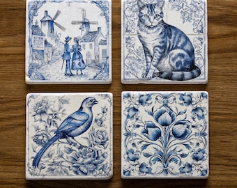 Azulejos Delft Blue Stone Coaster, azulejo cerámico blanco y azul de Delft, azulejos de animales, decoración vintage, regalo para el hogar, imágenes prediseñadas de Delft azul, regalo para mamá