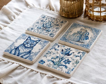 Set di 4 ceramiche blu Delft, sottobicchiere in pietra di piastrelle bianche e blu Delft, piastrelle blu Delft, piastrelle animali, arredamento vintage, regalo per la casa, regalo per lei