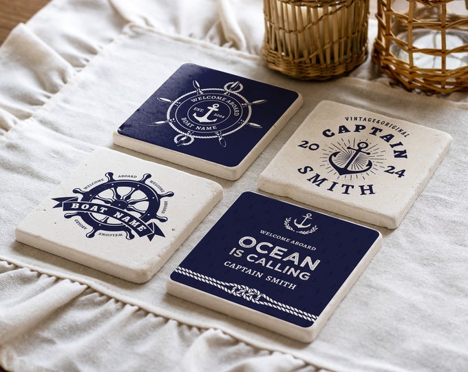 Personalized Nautical Stone Coaster, Custom Boat Coaster Set, Nautical Decor, Custom Boat Themed with Boat Name, Boat Gifts, Home Gift