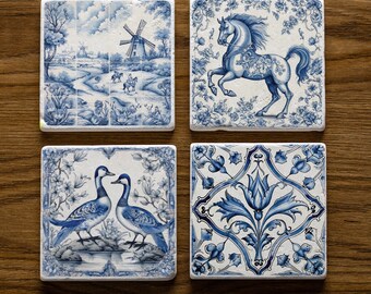 Sottobicchiere in pietra di piastrelle in ceramica Delft bianca e blu, piastrelle blu Delft, piastrelle animali, arredamento vintage, regalo per la casa, clipart blu Delft, regalo per lei