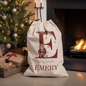Sacco di Babbo Natale personalizzato, grande sacco di Natale, sacco di giocattoli di Natale personalizzato con nome iniziale, sacchetto regalo di Natale, primo regalo di Natale
