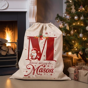 Sacco di Babbo Natale personalizzato Sacco di Natale Sacco di giocattoli di Natale personalizzato Nome e iniziale Sacchetto regalo di Natale Natale, regalo di Natale per lei/lui