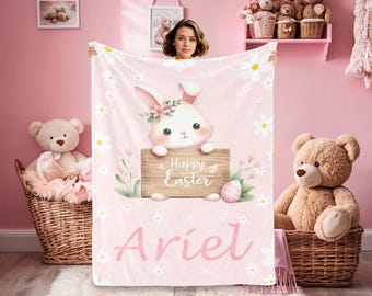 Cadeau de Pâques personnalisé pour bébé, couverture pour bébé personnalisée avec nom, couverture Minky pour enfants et tout-petits, texte pour couverture pour bébé fille, cadeau d'anniversaire