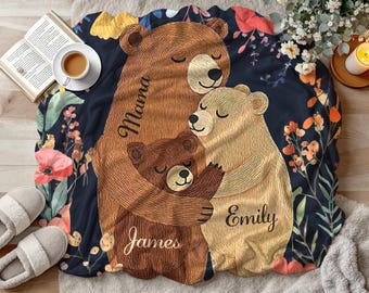 Personalized Mama Bear Flower Blanket, Custom Mother's Day Gift for Mom Grandma, Boho Wildflowers Mom Bear Quilt, Mother's Day gift