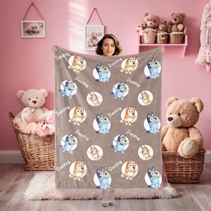 Blue Dog Blanket with Name,Custom Baby Blanket,Cartoon Swaddle,Minky Kid/Youth/Adult Blanket,Throw Blanket,Baby Girl Blanket Gifts,Birthday