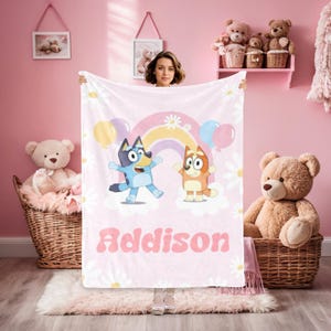 Rainbow Blue Dog Blanket with Name,Custom Baby Blanket,Cartoon Swaddle,Minky Kid/Youth/Adult Blanket,Throw Blanket,Baby Girl Blanket Gifts