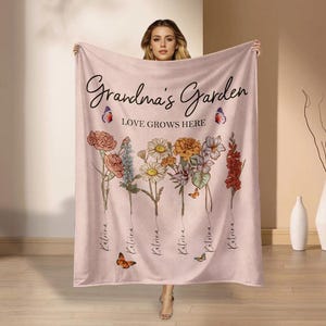Custom Grandma&#39;s Garden Blanket, Birth Flower Blanket With Grandkids Names, Personalized Grandma Gift, Christmas Gift For Grandma, Birthday