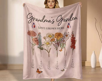 Benutzerdefinierte Omas Gartendecke, Geburtsblumendecke mit den Namen der Enkelkinder, personalisiertes Omageschenk, Muttertagsgeschenk für Mama Oma