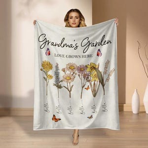 Custom Grandma&#39;s Garden Blanket, Birth Flower Blanket With Grandkids Names, Personalized Grandma Gift, Christmas Gift For Grandma, Birthday
