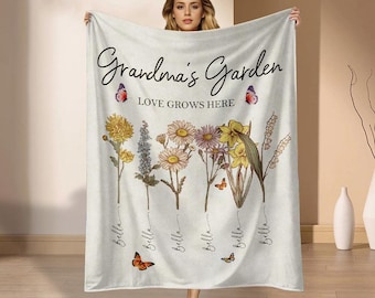 Benutzerdefinierte Omas Gartendecke, Geburtsblumendecke mit den Namen der Enkelkinder, personalisiertes Omageschenk, Muttertagsgeschenk für Mama Oma