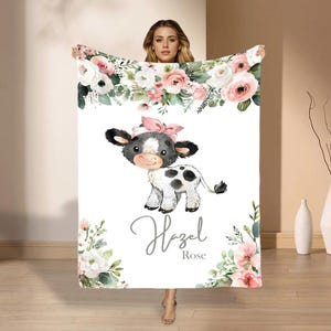 Cow Personalized Blanket, Custom Baby Name Blanket, Newborn Girl Nursery Decor, Newborn Swaddle, Hospital Blanket, Gift for Baby, Birthday