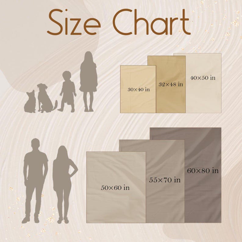 May include: A size chart graphic with the text "Size Chart" in brown. The chart displays blanket sizes: 76x102 cm, 81x122 cm, 102x127 cm, 127x152 cm, 140x178 cm, and 152x203 cm. Silhouettes of a dog, child, and adult are included.