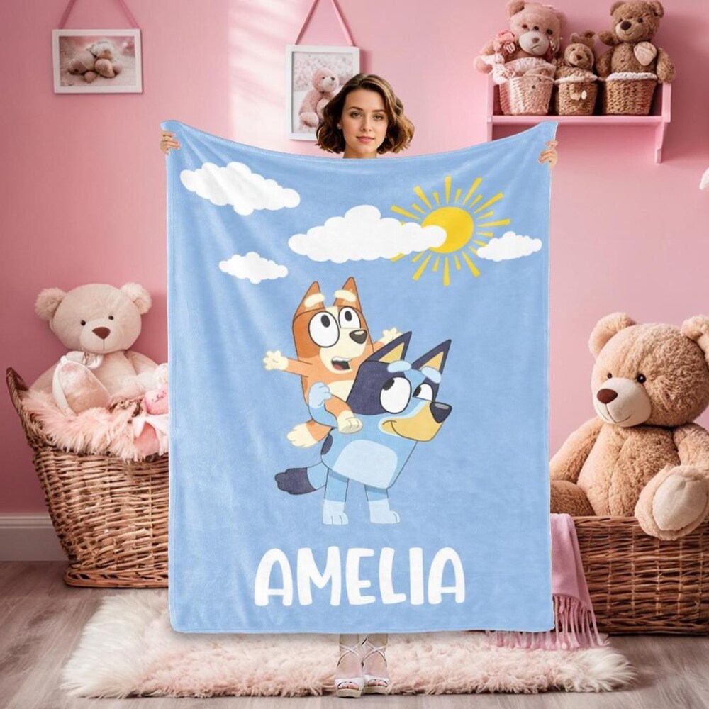 Personalized Bluey Blanket, Bluey Family Soft Cozy Sherpa Fleece Throw Blankets, Bluey Birthday Blanket, Bluey Mom & Dad Blanket For Kids Trendy Fashion