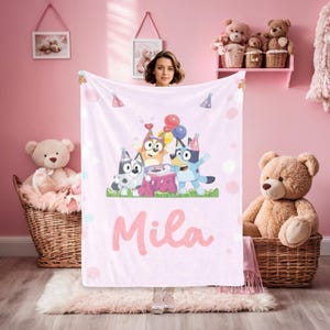 Rainbow Blue Dog Blanket with Name,Custom Baby Blanket,Cartoon Swaddle,Minky Kid/Youth/Adult Blanket,Throw Blanket,Baby Girl Blanket Gifts