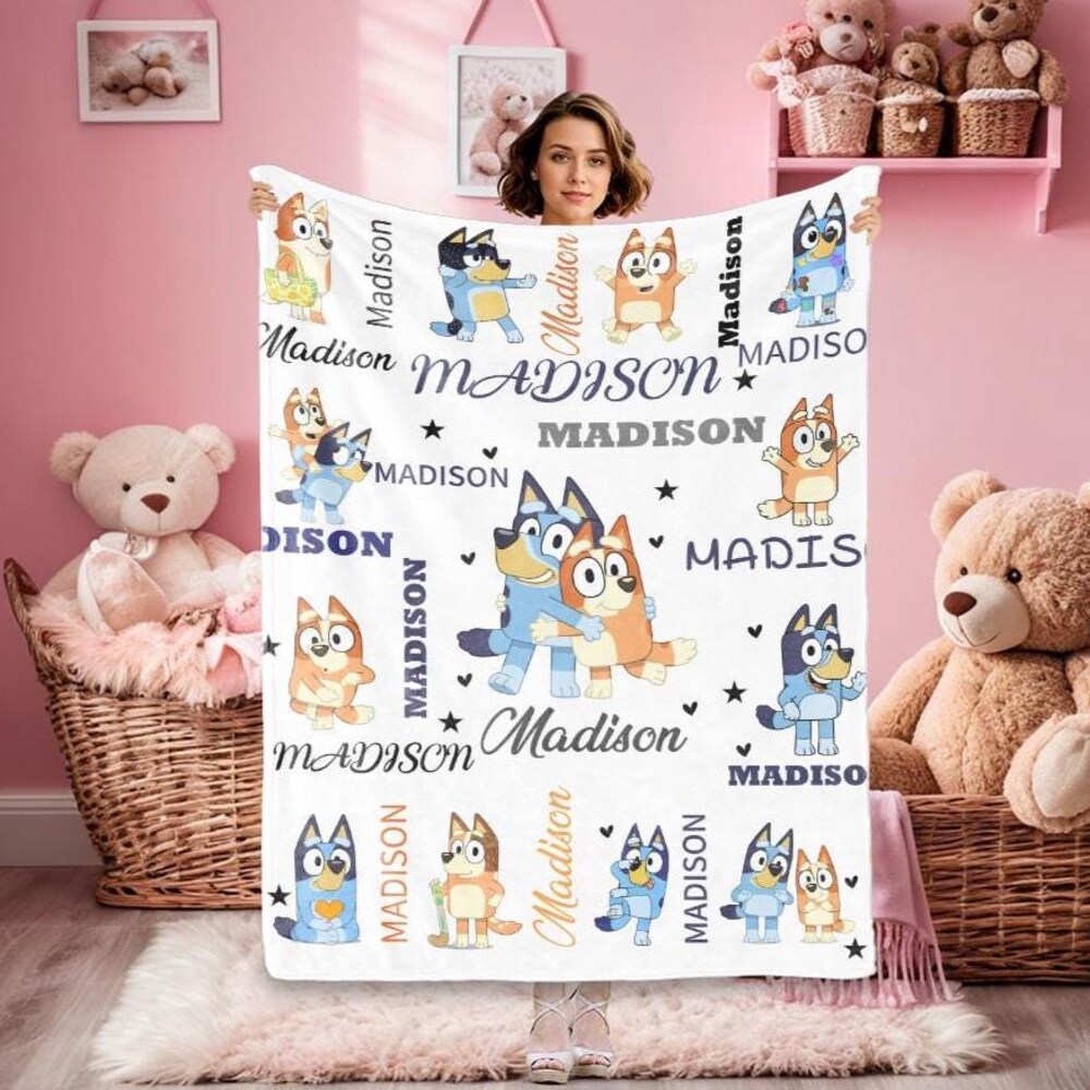 Custom Bluey Blanket, Bluey Family Soft Cozy Sherpa Fleece Throw Blankets, Bluey Birthday Blanket, Bluey Mom & Dad Blanket For Kids,Birthday Trendy Fashion