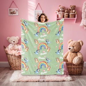 Rainbow Blue Dog Blanket with Name,Custom Baby Blanket,Cartoon Swaddle,Minky Kid/Youth/Adult Blanket,Throw Blanket,Baby Girl Blanket Gifts