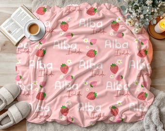 Personalized Strawberry Blanket, Custom Baby Name Blanket, Pink Girl Nursery Decor, Gift for Baby Girl, Cute Kids Blanket, Toddler Blanket