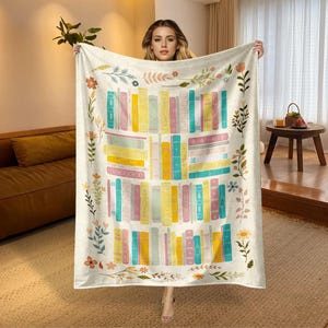 Library Blanket, Boho Wildflowers Bookish Quilt, Cottagecore Flower Book Gift, Retro Book Lover Gift For Reader Librarian Teacher, Best Gift