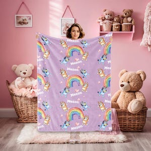 Rainbow Blue Dog Blanket with Name,Custom Baby Blanket,Cartoon Swaddle,Minky Kid/Youth/Adult Blanket,Throw Blanket,Baby Girl Blanket Gifts
