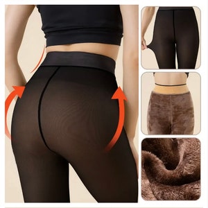 May include: Black sheer tights with a high waistband. The image shows the tights from multiple angles, including a close-up of the soft, fleece lining. The tights are designed to provide warmth and a smooth appearance.