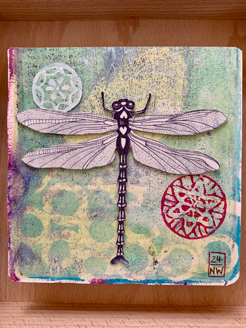 Mixed Media Collage Libelle im Holzrahmen Bild 2