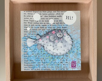 Mixed Media Collage "Kugelfisch" im Holzrahmen