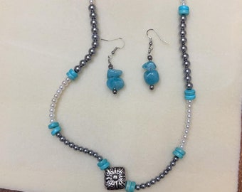 Beaded Western Turquoise Necklace/Earrings, Boho Jewelry set, Silver Turquoise Necklace