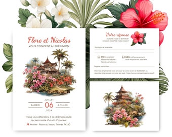 Wedding invitation card and response card, wedding card and RSVP editable on Canva, Asia travel theme wedding, Thailand