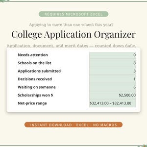 Excel-spreadsheet voor het organiseren van je collegeaanmelding | Deadlines, essays en beslissingstracker