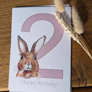 Gepersonaliseerde 2e verjaardagskaart, verjaardagskaart, konijnenkaart, roze twee, konijnenkaart, 2e verjaardag kinderen, verjaardagskaarten