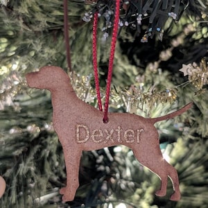 May include: A brown wooden Christmas ornament shaped like a dog with the name "Dexter" written in gold glitter on the side.
