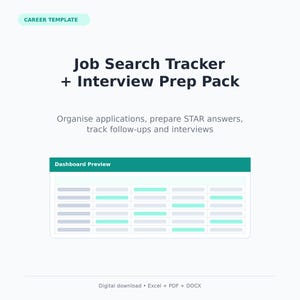 Op de afbeelding: Een carrière-sjabloon getiteld Job Search Tracker + Interview Prep Pack. De tekst bevat Organize applications, prepare STAR answers, track follow-ups and interviews. Een dashboardvoorbeeld toont een tabel met groenblauwe en grijze rijen.