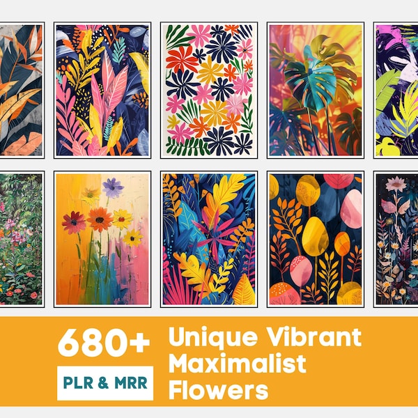 680種類以上の鮮やかなマキシマリストフラワー｜カラフルな花の壁アート｜PLR＆MRRライセンス
