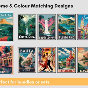 May include: A collection of colorful travel-themed posters featuring various destinations like Costa Rica, Puerto Rico, and Cuba. Each poster has a vintage design with vibrant illustrations and text. The text "Theme & Colour Matching Designs" is at the top.