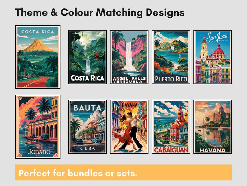 May include: A collection of colorful travel-themed posters featuring various destinations like Costa Rica, Puerto Rico, and Cuba. Each poster has a vintage design with vibrant illustrations and text. The text "Theme & Colour Matching Designs" is at the top.