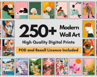 May include: A collage of colorful digital art prints featuring abstract designs, landscapes, and portraits. The text "250+ Modern Wall Art" and "High Quality Digital Prints" is displayed in bold black font. The text "POD and Resell Licence Included" is displayed in yellow font.
