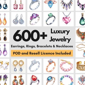 Może przedstawiać: Akwarelowe ilustracje luksusowej biżuterii, w tym kolczyk&oacute;w, pierścionk&oacute;w, bransoletek i naszyjnik&oacute;w. Obraz zawiera tekst "600+ Luxury Jewelry" oraz "Earrings, Rings, Bracelets & Necklaces".