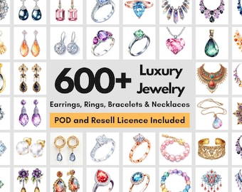 600+ Luxury Jewelry Clipart | Watercolor Earrings, Rings, Necklaces | PLR & POD License
