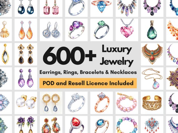 600+ Luxury Jewelry Clipart | Watercolor Earrings, Rings, Necklaces | PLR & POD License