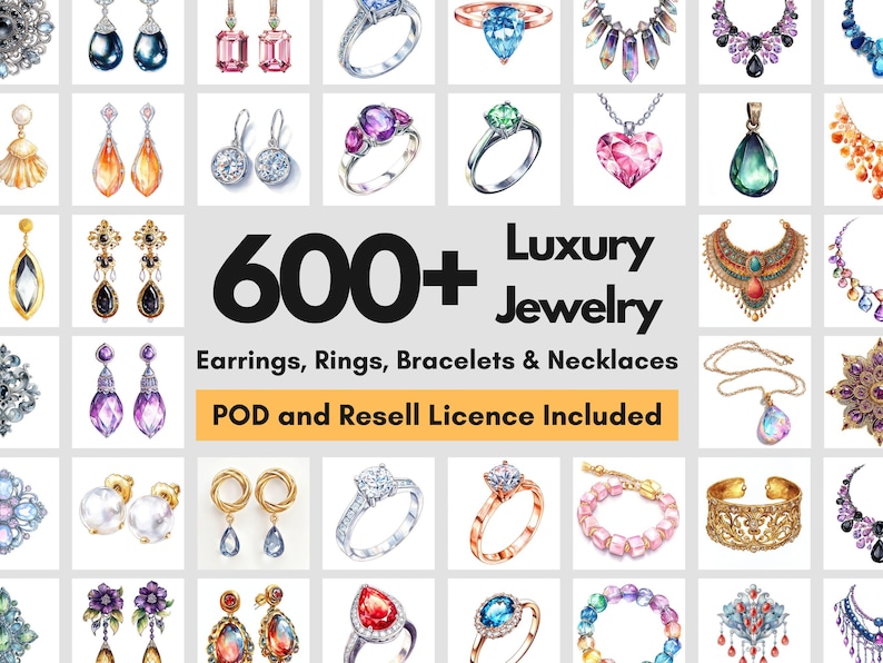 Może przedstawiać: Akwarelowe ilustracje luksusowej biżuterii, w tym kolczyk&oacute;w, pierścionk&oacute;w, bransoletek i naszyjnik&oacute;w. Obraz zawiera tekst "600+ Luxury Jewelry" oraz "Earrings, Rings, Bracelets & Necklaces".