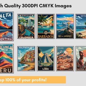 May include: A collection of travel posters featuring various locations, including Salta, Argentina; Medellin, Colombia; Barbados; Rio de Janeiro; Guyana; Vinicunca, Peru; Valparaiso, Chile; Lima; Calama, Chile; and Easter Island. The posters have a vintage style.