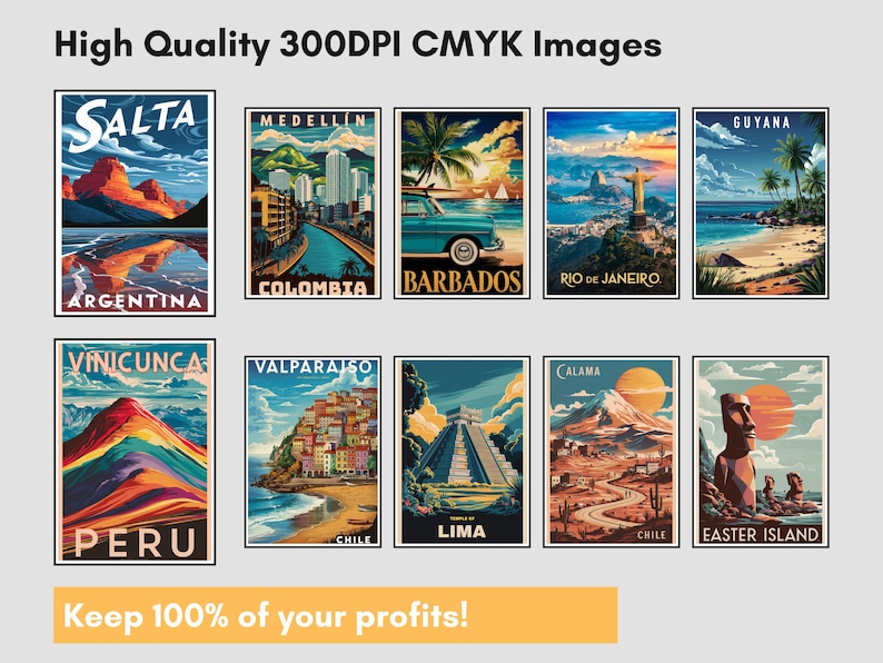 May include: A collection of travel posters featuring various locations, including Salta, Argentina; Medellin, Colombia; Barbados; Rio de Janeiro; Guyana; Vinicunca, Peru; Valparaiso, Chile; Lima; Calama, Chile; and Easter Island. The posters have a vintage style.