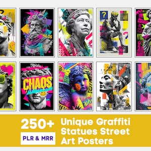 Könnte beinhalten: Eine Sammlung von Graffiti-Kunstpostern mit klassischen Statuen. Die Poster zeigen leuchtende Farben und kühne Designs mit Textelementen wie "CHAOS" und Fragezeichen. Das Gesamtthema ist Streetart.