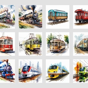 May include: Watercolor illustrations of various trains and trams. The images showcase a range of locomotives, passenger cars, and streetcars in different colors and styles. The artwork includes steam trains, modern trains, and vintage trams.