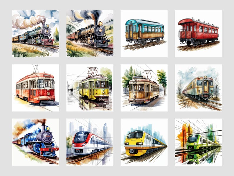 May include: Watercolor illustrations of various trains and trams. The images showcase a range of locomotives, passenger cars, and streetcars in different colors and styles. The artwork includes steam trains, modern trains, and vintage trams.
